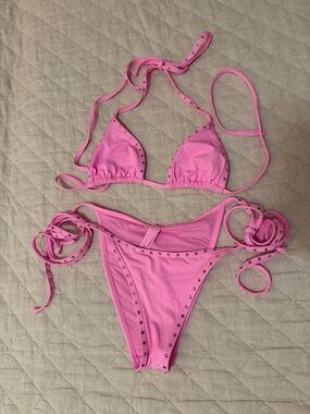 Skims Pink Studded Triangle Bikini Set